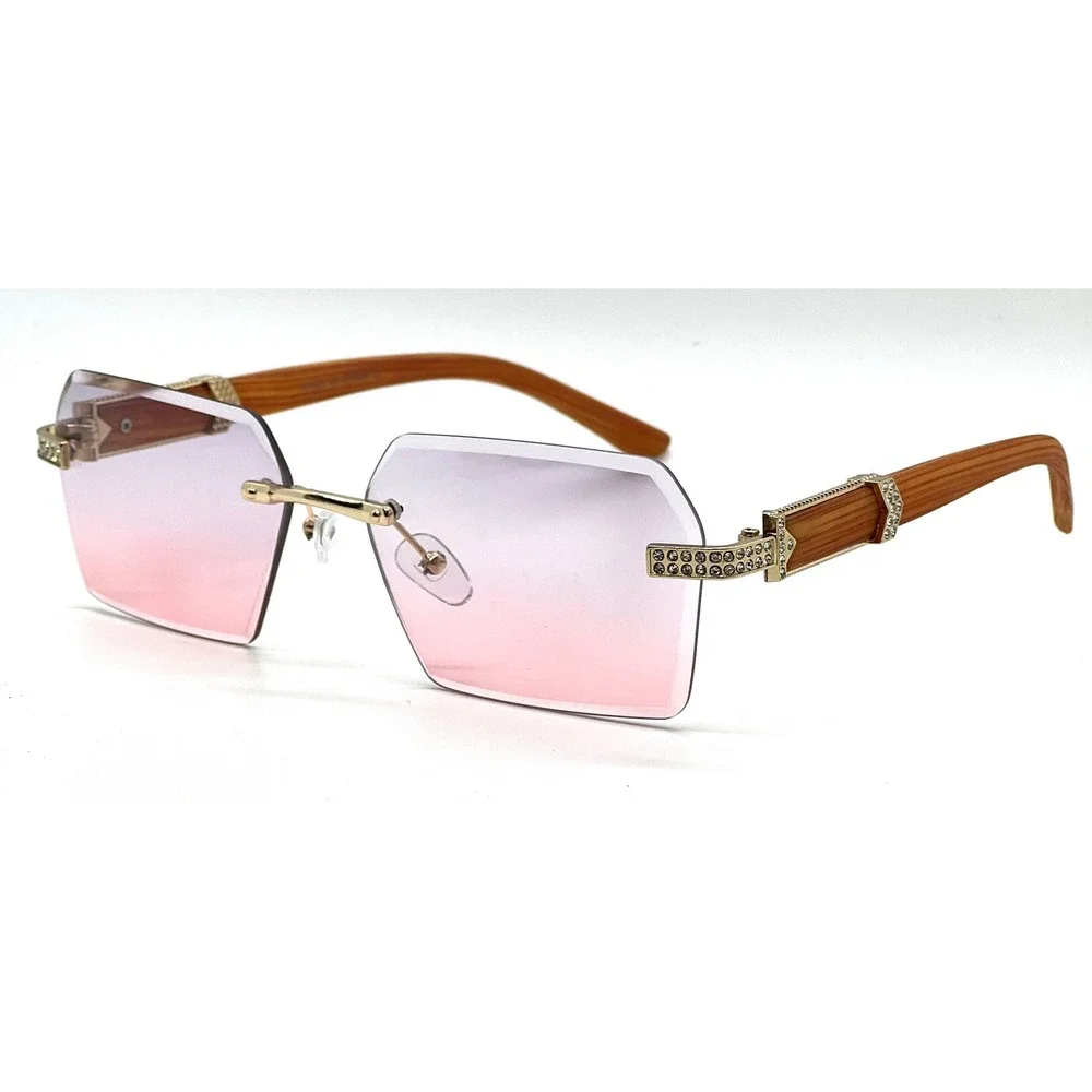 Rimless Sunglasses Women‎ Men Wood Grain Frame Rhinestone Shades Vintage Luxury